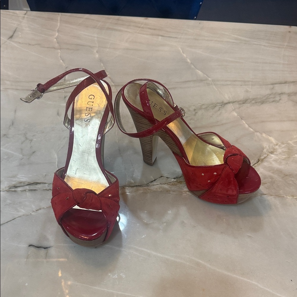 Guess Red Strappy leather platform Heels